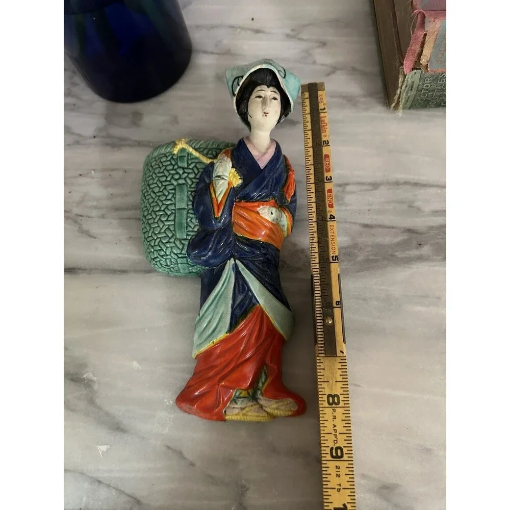 Antique 1922 HandPainted Porcelain Japanese Geisha Wall Pocket Planter Inscribed